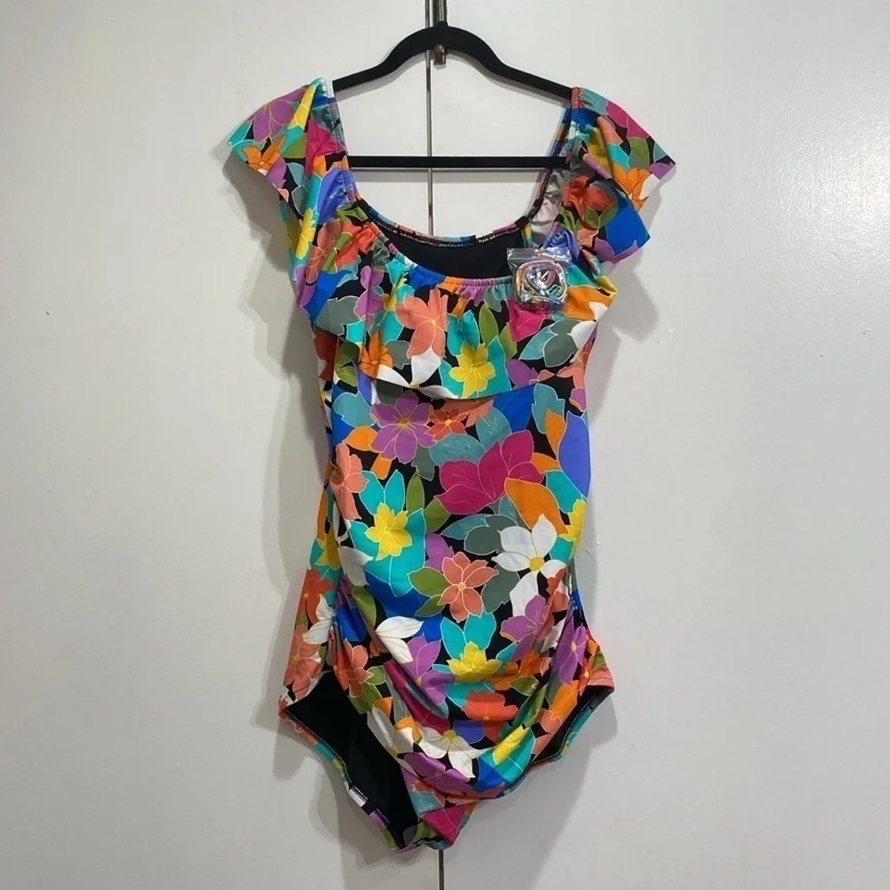 Swim Solutions Floral Off The Shoulder Ruffle One Piece Size 20W - Picture 5 of 6
